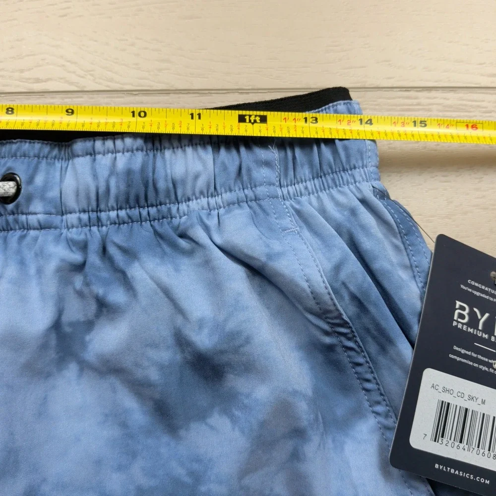 NEW BYLT Premium Basics Active Short Mens Medium Blue Tie Dye Sky Cloud Print